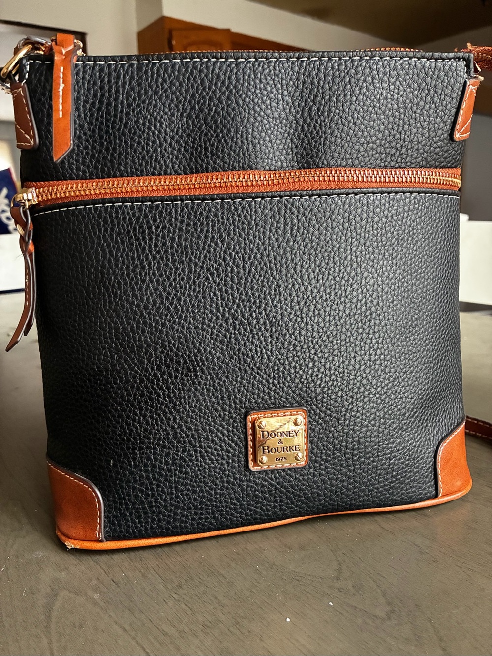 Dooney & Bourke 1975 Black Pebbled Leather Crossbody Bag Tan Trim Gold Hardware